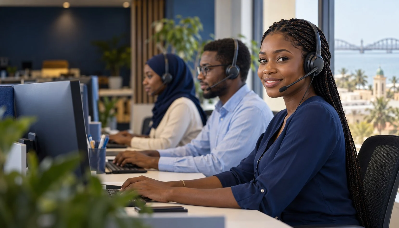 Illustration d’une équipe de conseillers au casque dans un centre de contact